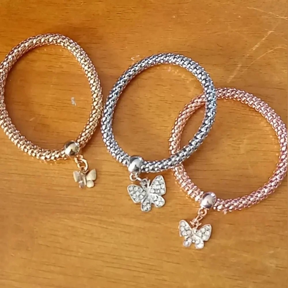 3 Pieces Butterfly Stackable Charm Bracelet Set